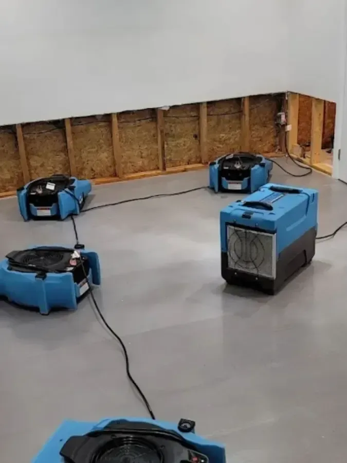 Air movers and a dehumidifier drying a room after a flood cut