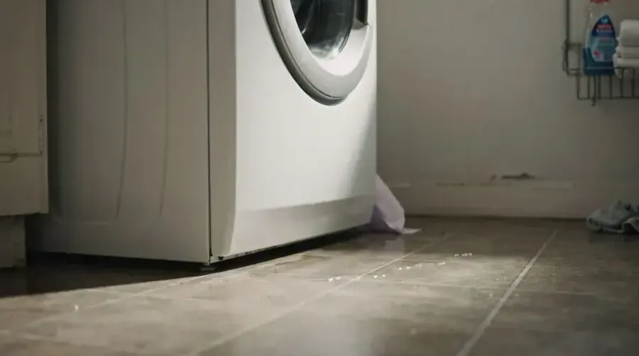 Water spreading on a tile floor from a leaking washing machine