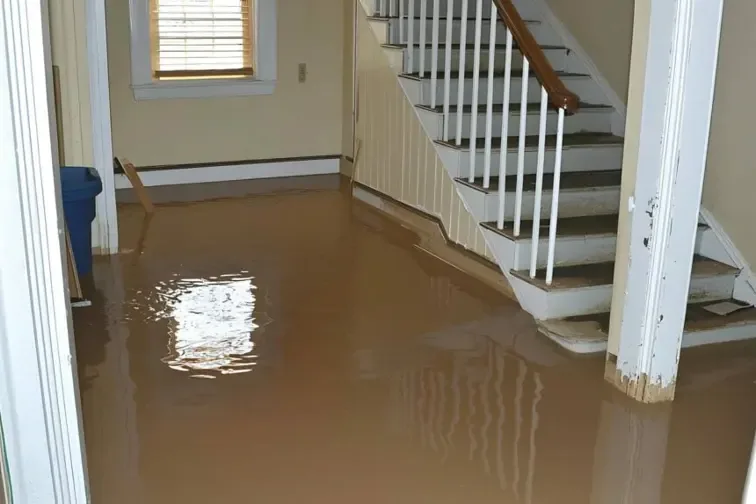 Muddy standing water in a hallway at the foot of a staircase before extraction