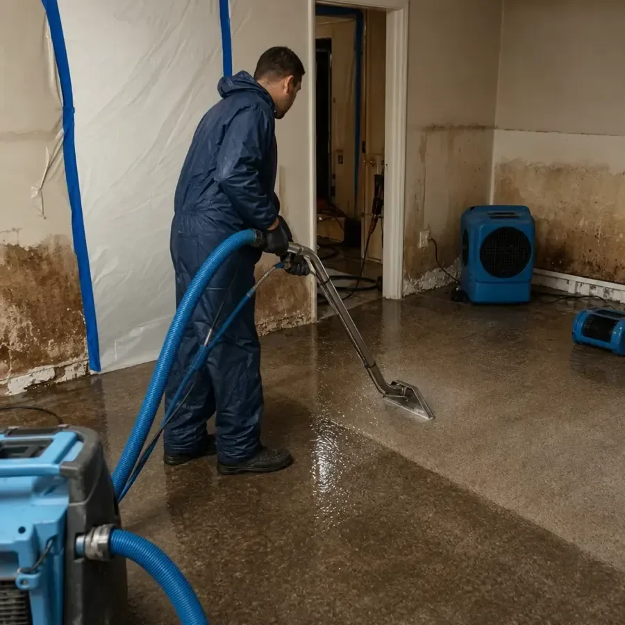 Technician extracting water from a damaged room with an extraction wand