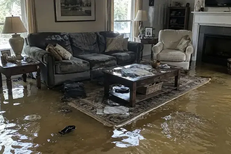 Flood water covering a living room floor after a winter storm