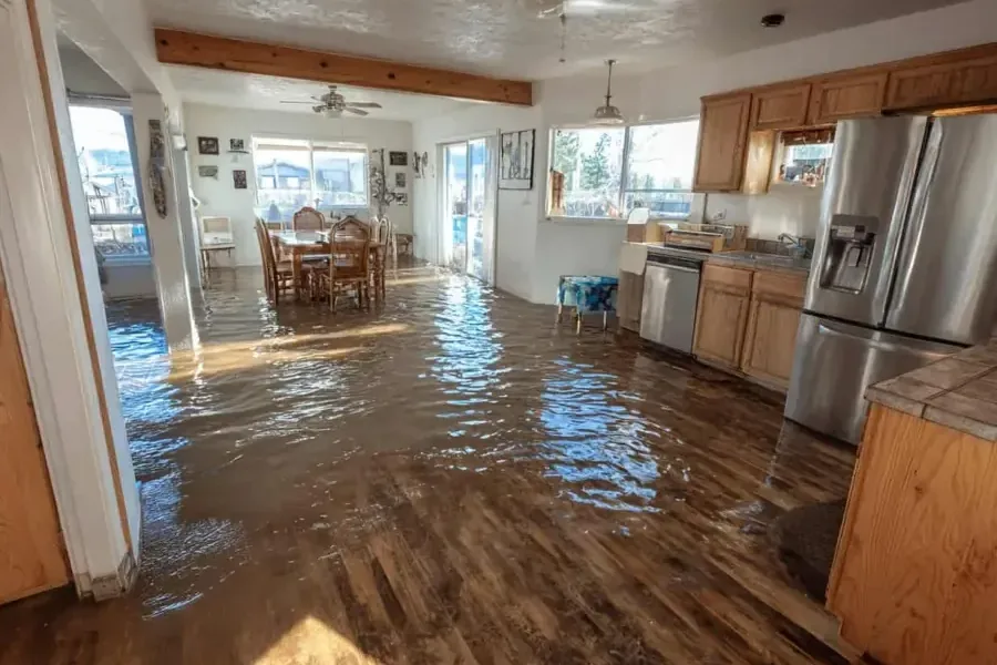 Standing water across the wood floor of a kitchen and living area