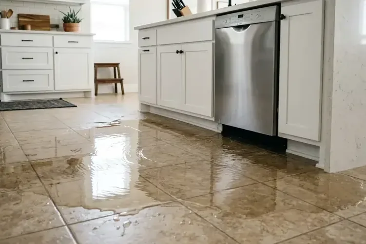 Water spread across the tile floor in front of a dishwasher in a kitchen