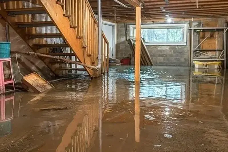 Standing water across an unfinished basement floor at the foot of wooden stairs