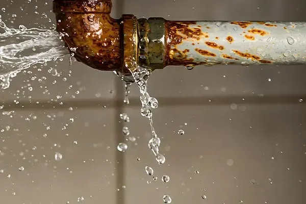 Water spraying from a corroded galvanized pipe fitting