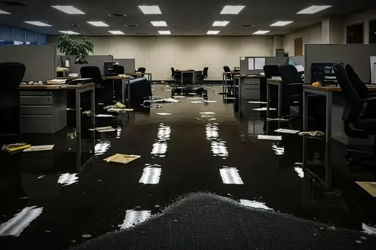 Standing water across an open office floor between rows of desks