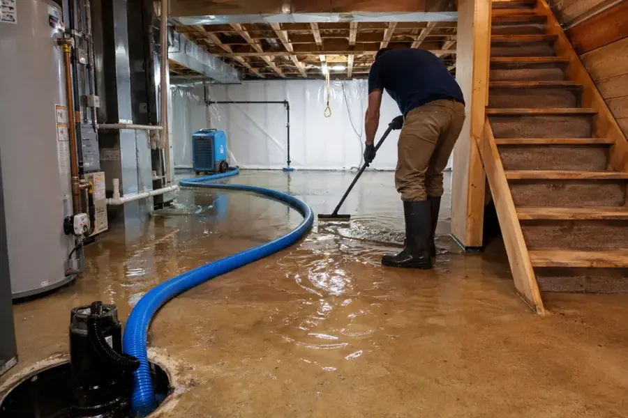A crew extracting standing water from a flooded basement floor