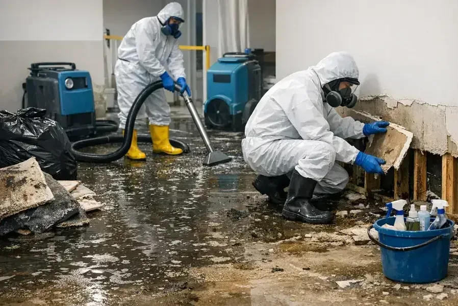 Techs in protective suits extracting a sewage backup and cutting out wet drywall