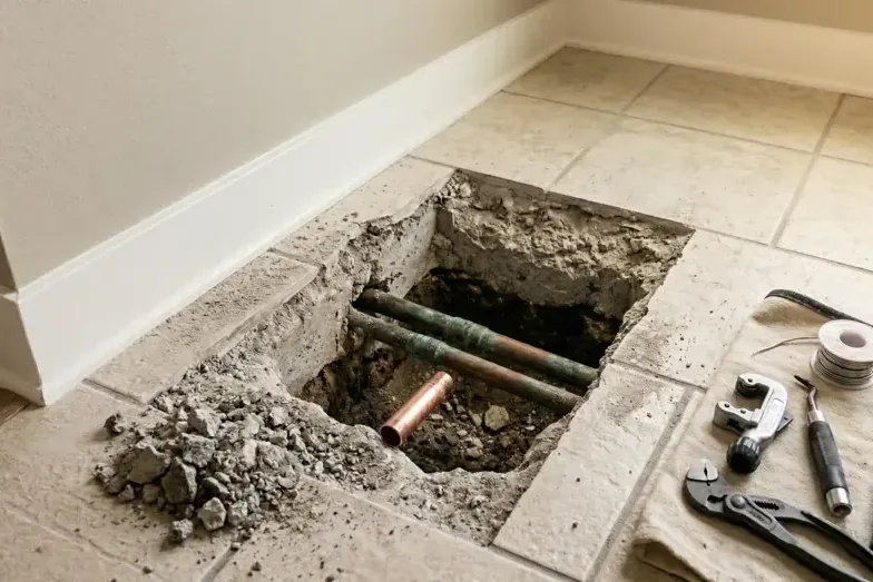 Tile floor and slab opened to expose a leaking copper line in a home