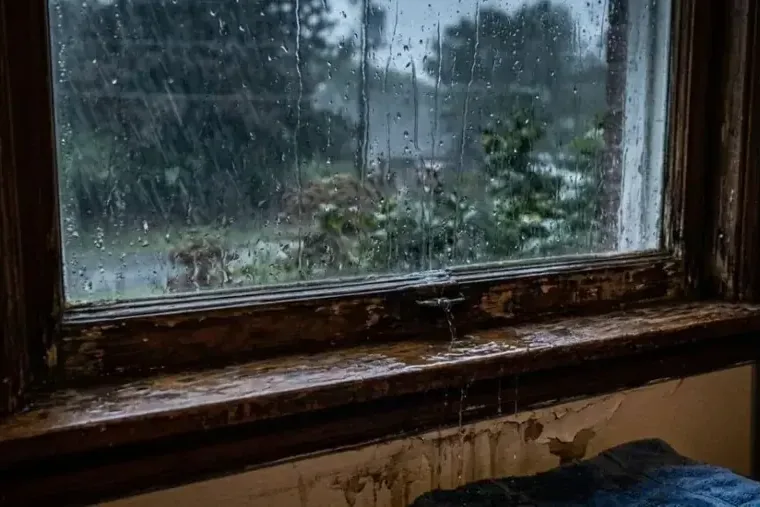 Storm water damage: rain running down a window over a water-damaged sill and wall