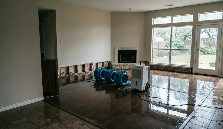 Air movers and a dehumidifier drying an emptied room with the lower walls cut open