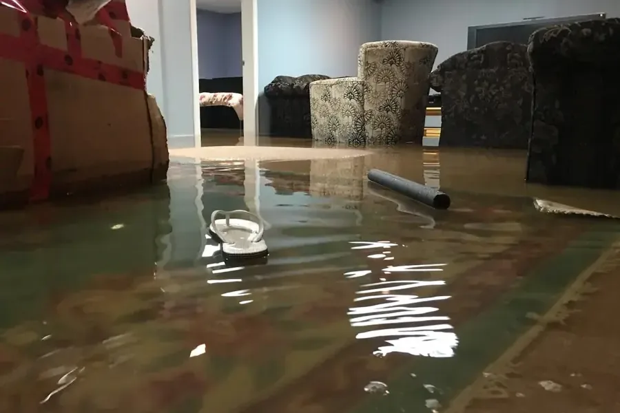 Finished basement standing in floodwater with furniture and boxes soaked