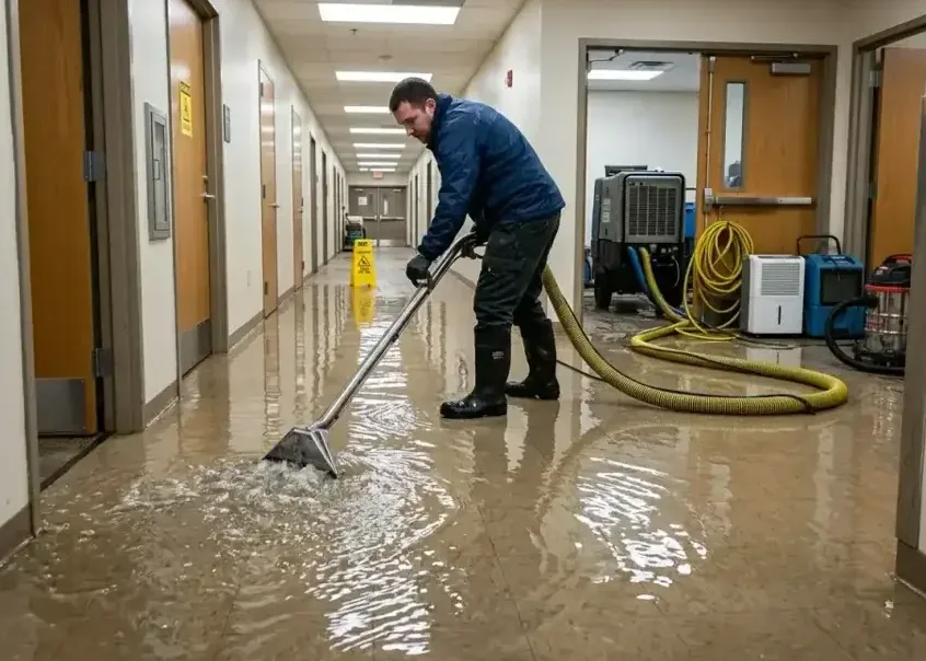 Technician running an extraction wand through standing water in a hallway