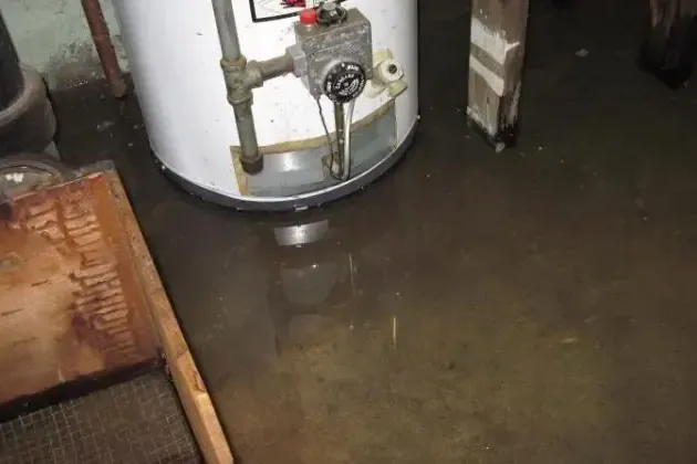 Water pooled on a dark basement floor around the base of a tank water heater